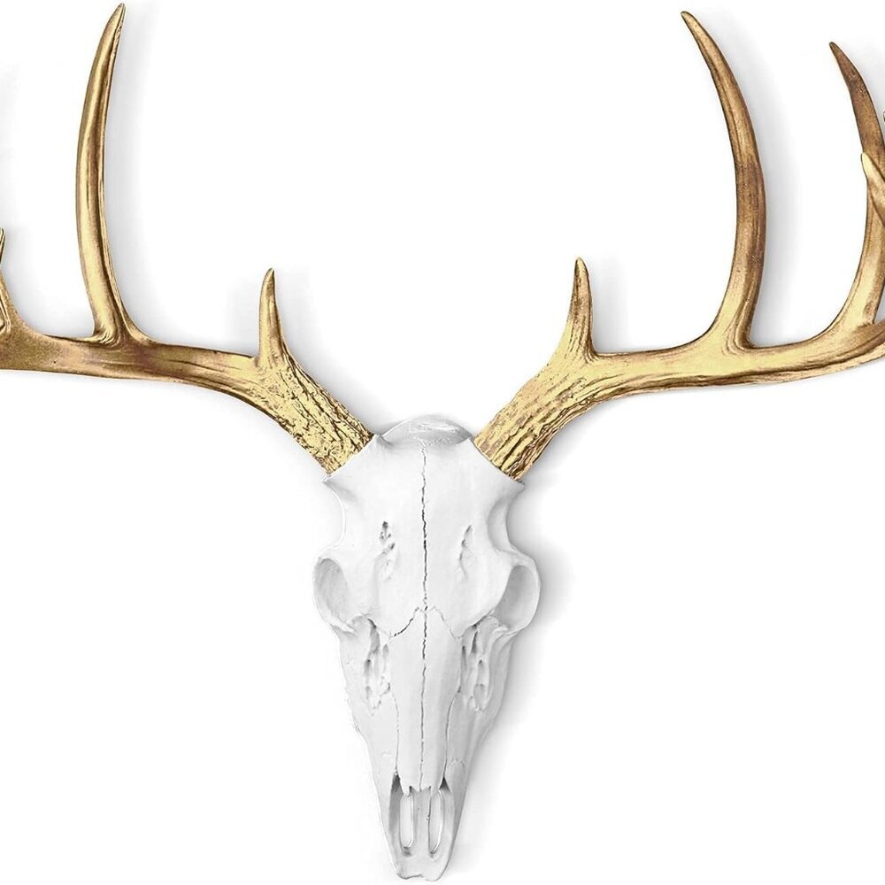 WALL CHARMERS Mini White + Gold Antler Faux Deer Skull - 16" Faux Taxidermy Anim